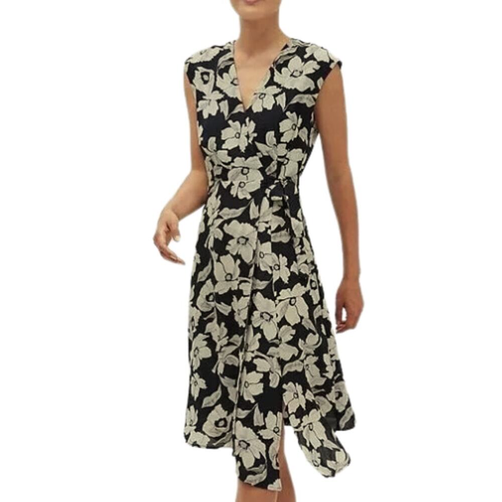 Banana Republic Floral Print Midi Wrap Chiffon Dress Black & Cream EUC 2P